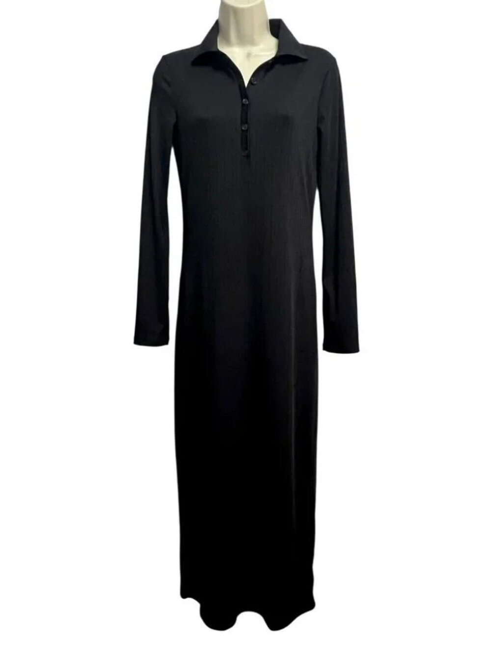 H&M BLACK RIBBED COLLARED MAXI DRESS SZ L